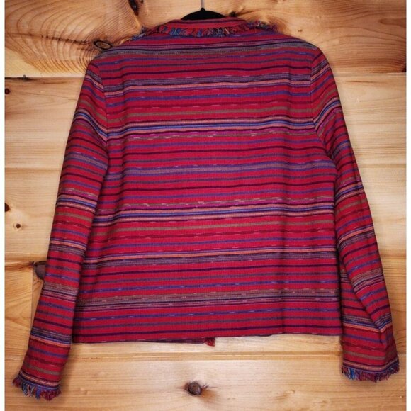 Painted Pony Women’s medium Red Striped Cotton Fringed Button Jacket Made in USA - Picture 7 of 10
